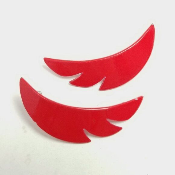 Vintage Bright Red Feather or Wing Shape Stud Earrings, Enamel Funky 70s Style - Picture 2 of 7